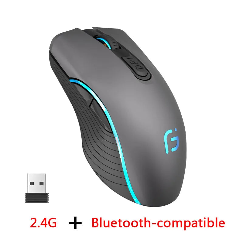 Rechargeable Dual Mode Bluetooth Wireless Mouse, 2.4GHz USB Optical Gaming Mouse with 2400 DPI, Ergonomic Rechargeable Wireless Mouse for PC, Laptop & Mac