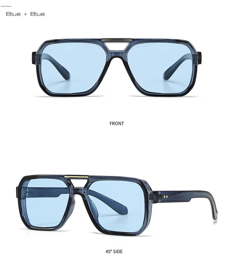 SO&EI Fashion Double Bridges Square Sunglasses Women Retro Rivets Blue Tea Shades UV400 Men Outdoor Gradient Sun Glasses