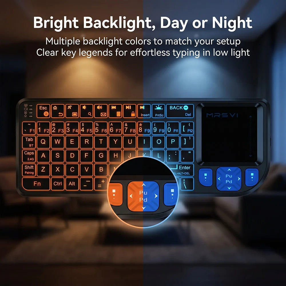 MRSVI Mini Teclado A8 PLUS, teclado sem fios retroiluminado 2.4GHz e Bluetooth5.0 com touchpad para Android TV Box, Mac, portátil, Windows