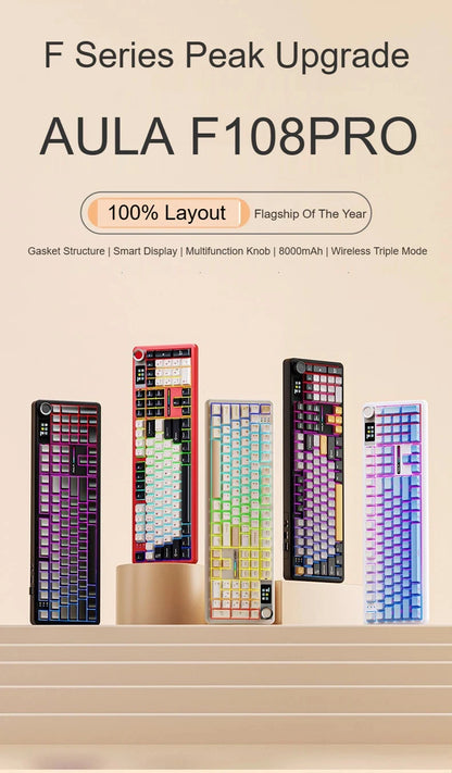 Teclado mecânico AULA F108 PRO personalizado, layout 100%, retroiluminação RGB, Bluetooth sem fios, switch HiFi, teclado gaming