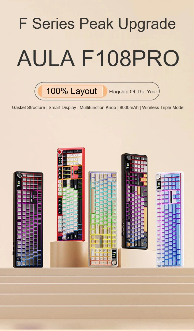 Teclado Mecânico AULA F108 PRO Personalizado Layout 100% Retroiluminação RGB Sem Fios Bluetooth Interruptores Hi-Fi Teclado Gaming
