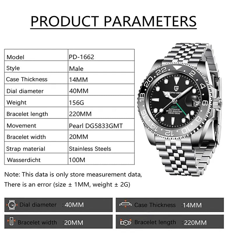 GMT Wristwatch PAGANI DESIGN Automatic Watch 40mm Mens Watch Top Brand Mechanical Watch 100M Waterproof Luminous Watches PD-1662