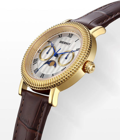 BERNY Watches for Men Luxury Dress Brand Business Gold Quartz Real Moons Man Watch S/S Sapphire Calendar Moon Phase Wristwatch