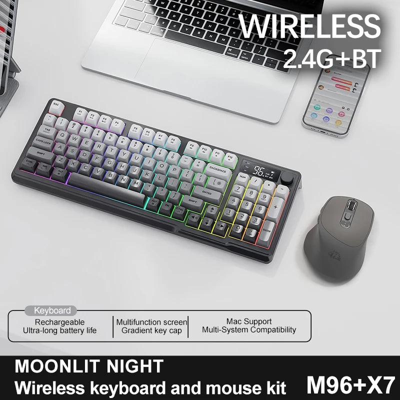 Teclado Bluetooth Sem Fios M96 FREEWOLF com Ecrã Gaming, Ecrã Eletrónico, Ligação a Vários Dispositivos, Ergonomia Gaming