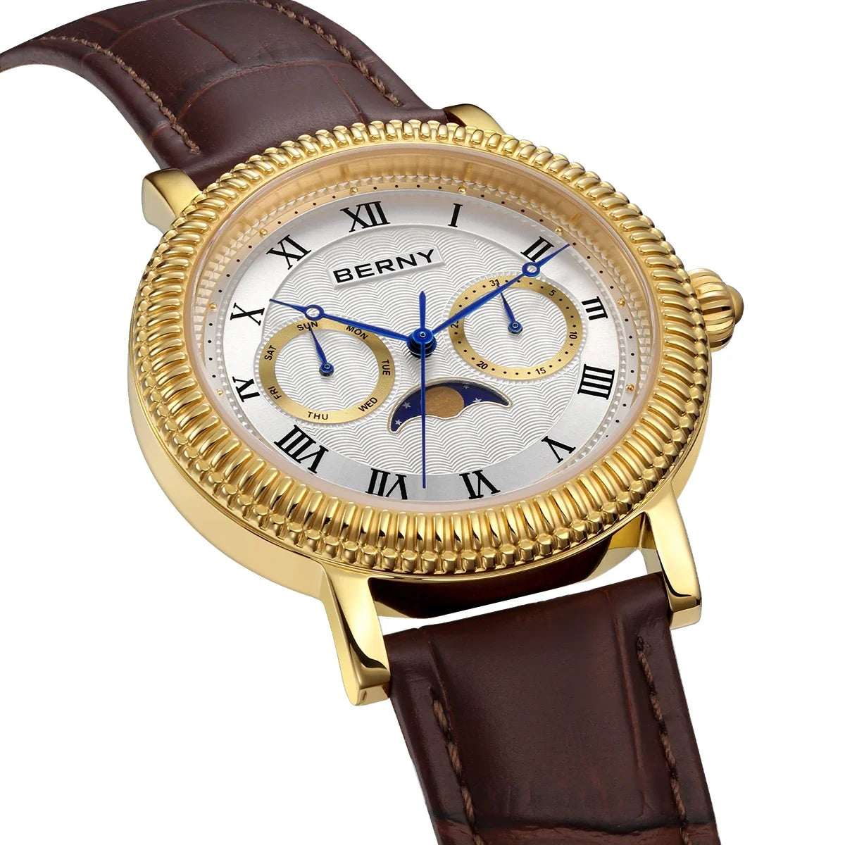 BERNY Watches for Men Luxury Dress Brand Business Gold Quartz Real Moons Man Watch S/S Sapphire Calendar Moon Phase Wristwatch