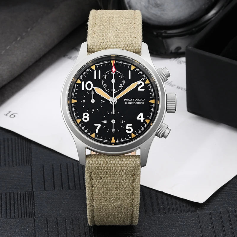 Militado ML1868KF Retro VK67 Quartz Chronograph Watch Stainless Steel Case 3 Dial Waterproof 100M  Multifunction Military Watch