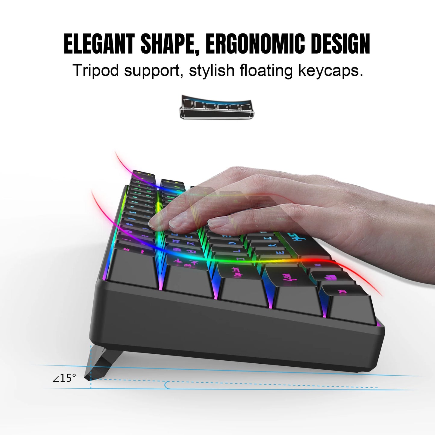 Teclado gaming de 68 teclas USB com fios portátil, retroiluminação RGB 20, teclado coreano para portáteis e computadores Windows
