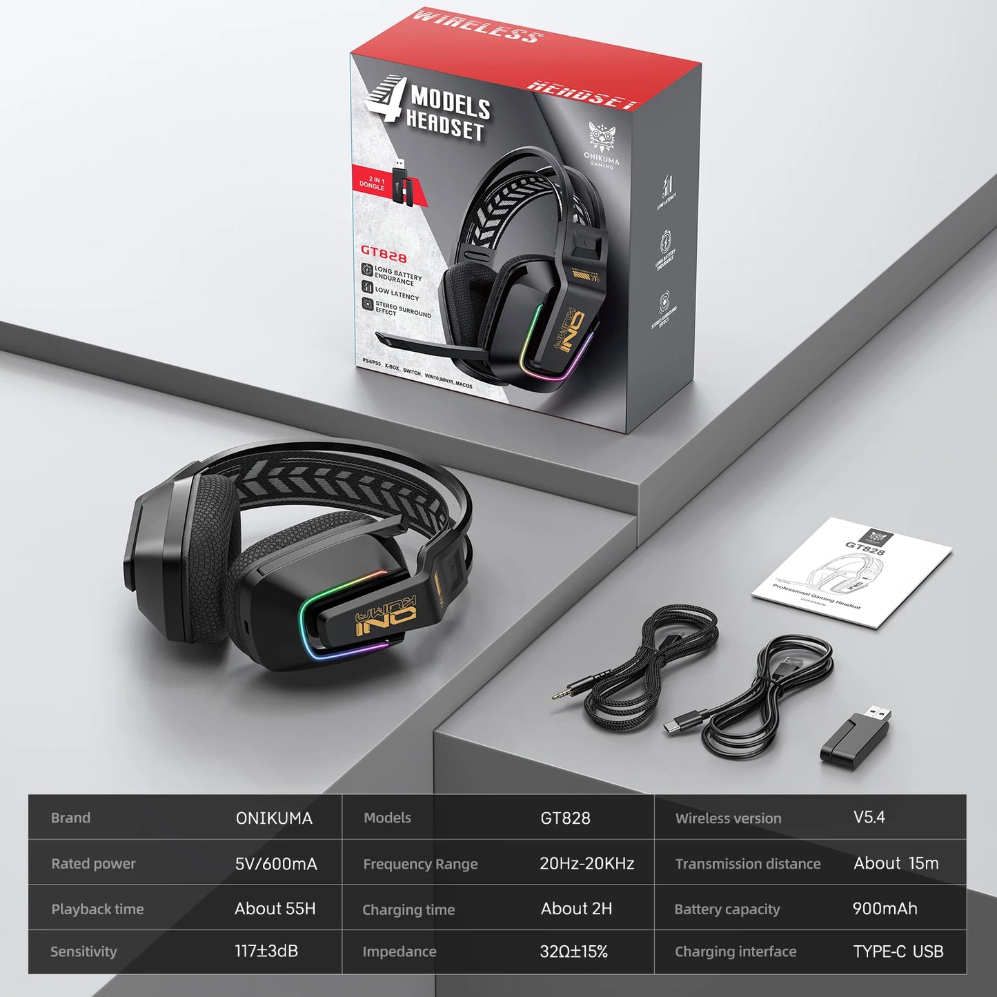 Auscultadores Gaming Sem Fios ONIKUMA GT828 Bluetooth 5.3 RGB com Microfone, Cancelamento de Ruído e Ligação em 4 Modos para PC, PS5 e Portátil