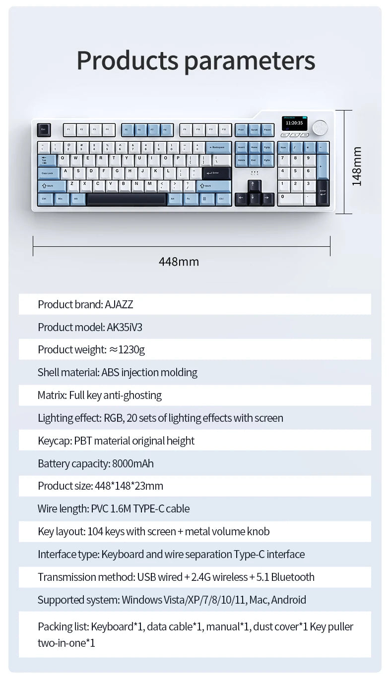 Novo teclado gaming AJAZZ AK35I V3 MAX tri-mode com fios, Bluetooth e sem fios, Gasket, hot swap completo, 104 teclas, teclado personalizado