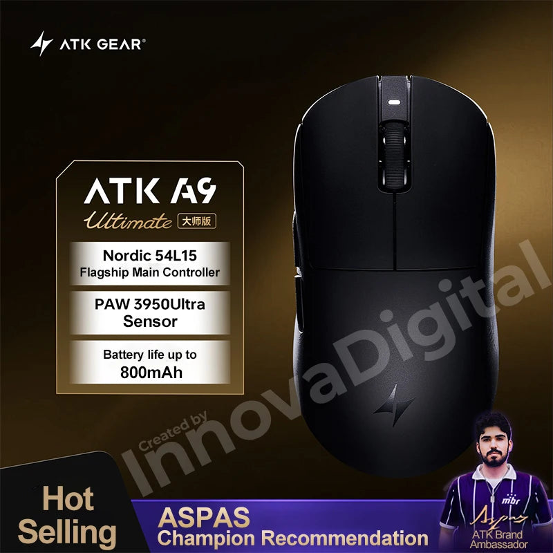 „ATK Dragonfly A9 Ultimate“ belaidė žaidimų pelė, „PAW3950 Ultra 8 kHz“ ergonomiška lengva žaidimų pelė, skirta FPS, e. sportui ir „CSGO“