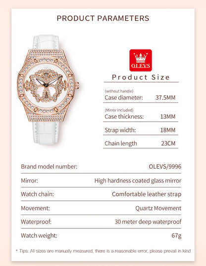OLEVS 9996 Watch Elegant  Luxury Woman Skeleton Quartz Watch Scale Waterproof Luminous Diamond Dial Ladies Watch Gifts Original