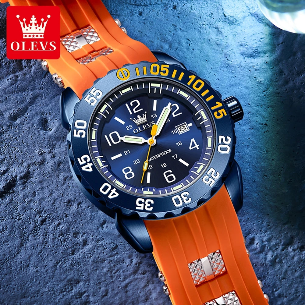 OLEVS Luxury Men's Fashion Quartz Watch Waterproof Luminous Orange Silicone Strap Sports Men Military Wristwatches Watch for Men