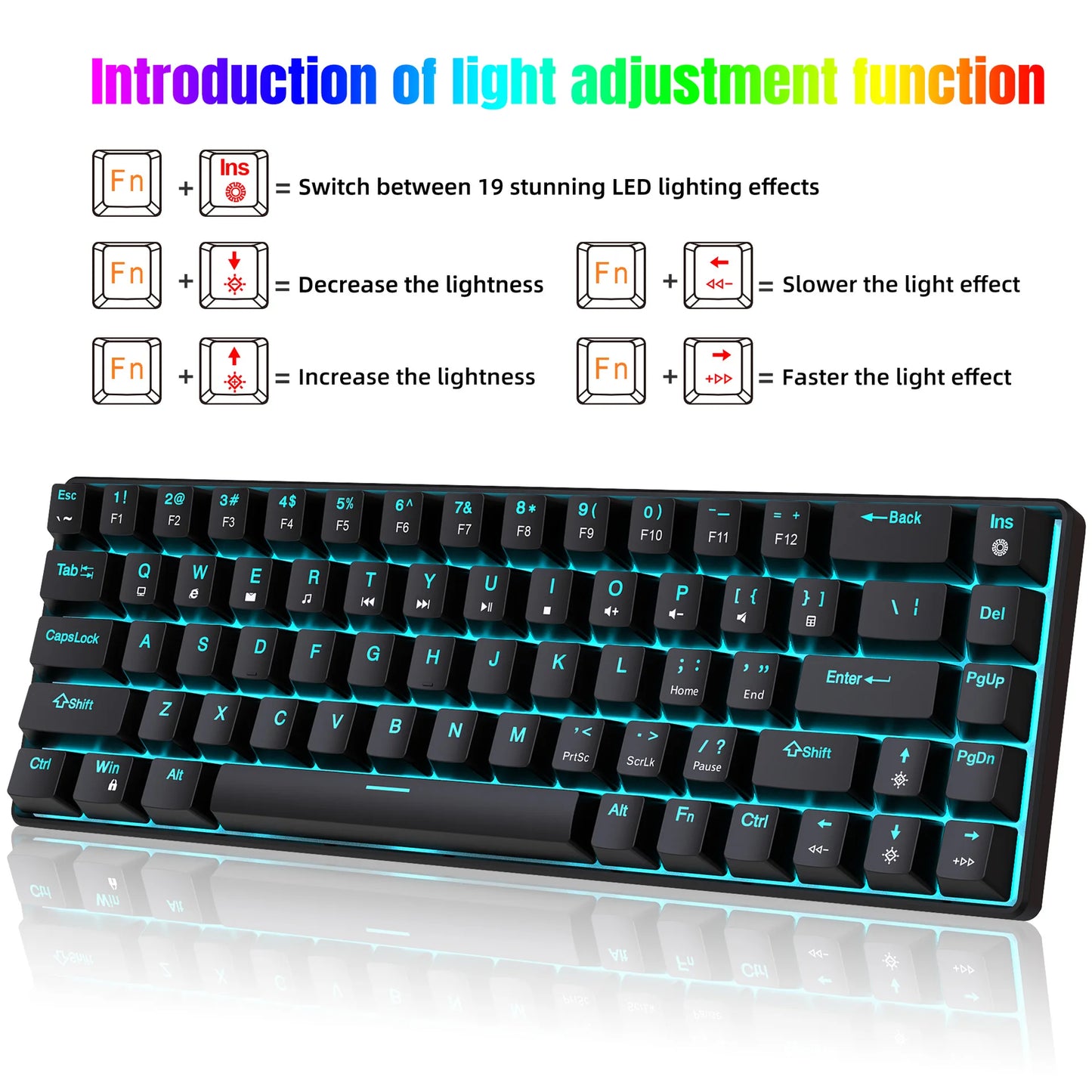 Teclado mecânico gaming 60% USB com teclas brancas, mini teclado gamer ergonómico para computador, retroiluminado, música, teclado para PC