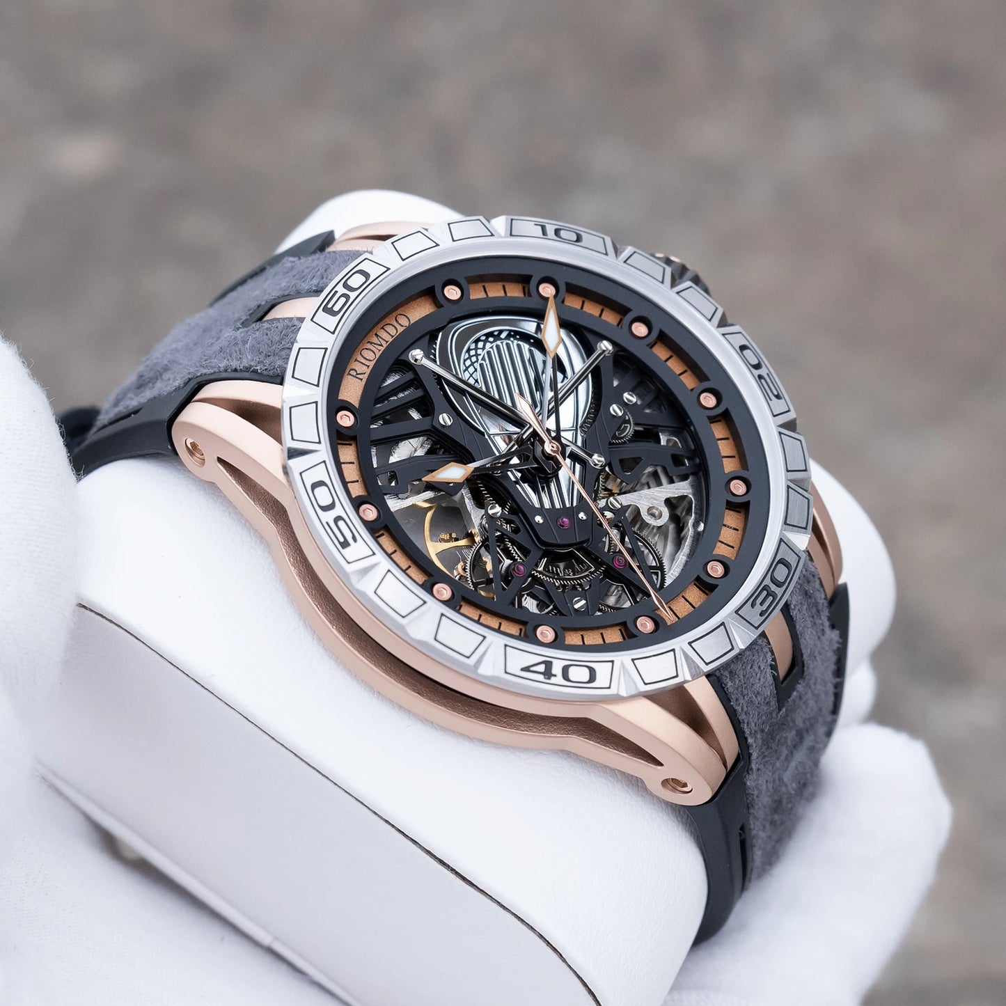 OBLVLO Men's Two Tone Big Skeleton Dial Mechanical Automatic Watch Luminous Waterproof Rubber Band Machinery Clock RD-903