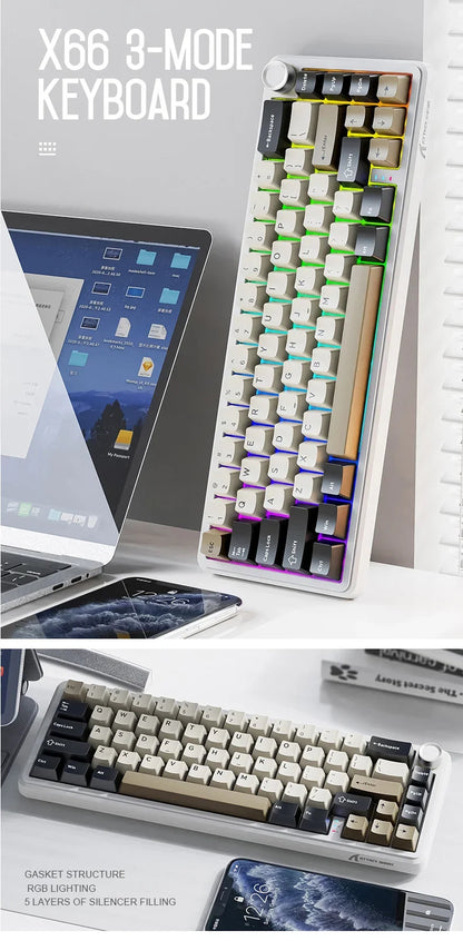 Teclado mecânico sem fios Attack Shark X66, layout compacto 65%, retroiluminação RGB, gasket, hot swap, Bluetooth, USB-C, PBT, bateria de grande capacidade