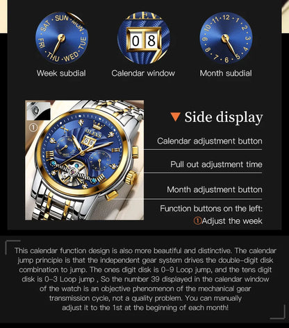 OLEVS 9910 Original Men's Automatic Mechanical Watch Luxury Skeleton Stainless steel Waterproof Luminous Watches