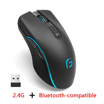 Rechargeable Dual Mode Bluetooth Wireless Mouse, 2.4GHz USB Optical Gaming Mouse with 2400 DPI, Ergonomic Rechargeable Wireless Mouse for PC, Laptop & Mac