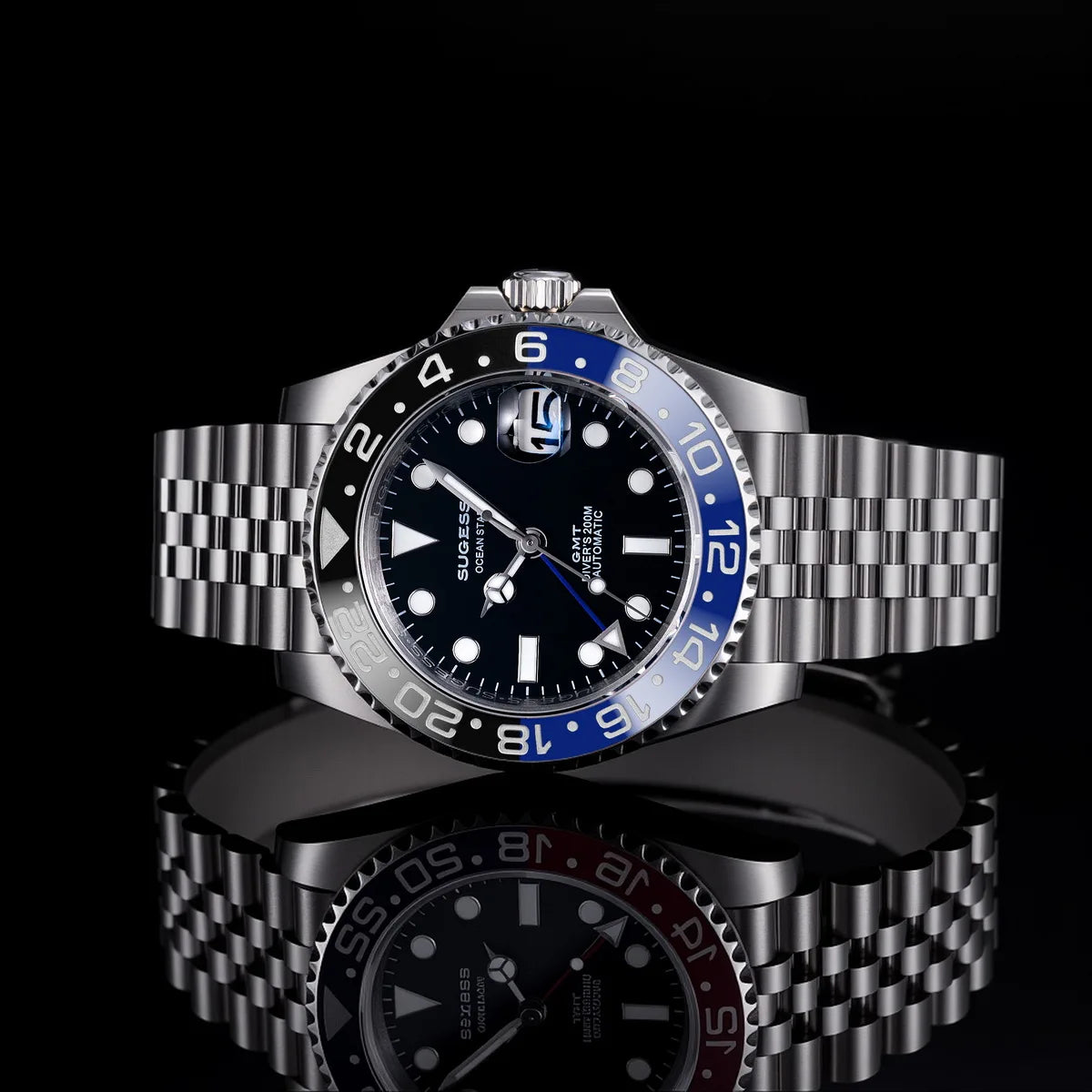 Sugess GMT Diving Watch of Men Automatic Mechanical Waterproof Wristwatches Peacock SL3032 Movement Ceramic Bezel Jubille Band