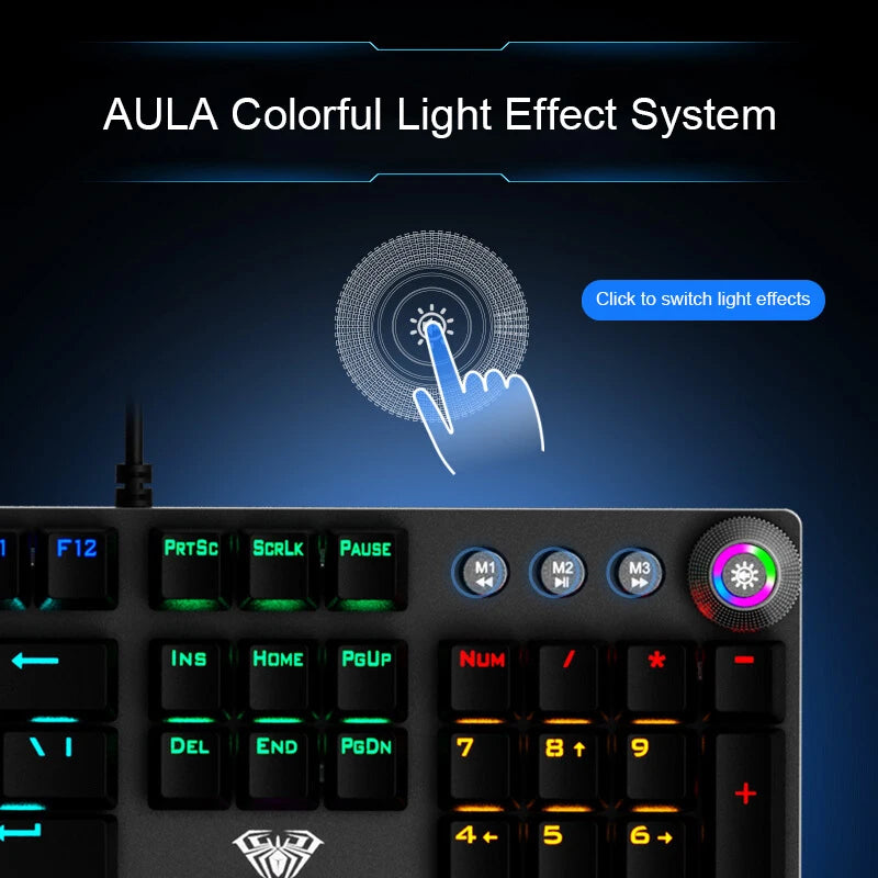 Teclado Mecânico AULA F2088 com Fio para Gaming, Botão Multifuncional, 104 Teclas, Retroiluminação Magic, Programação Macro, Compu