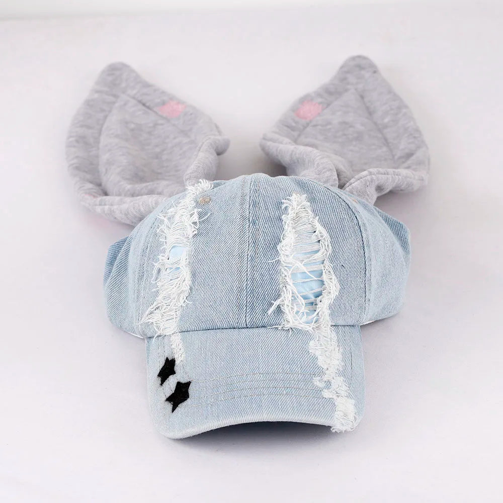 New MinJi Haerin OMG Stage Long Rabbit Ear Hat Y2K Style Denim Blue Baseball Cap Fashion Hip-Pop Cap Couple Birthday Gifts