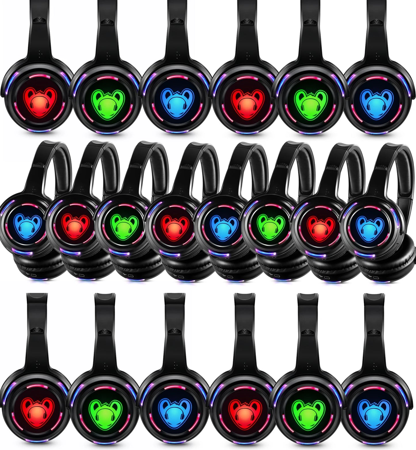 Auscultadores sem fios Silent Disco RF LED DJ Party 863–865MHz/915MHz com iluminação LED de 3 canais e bateria de 10H