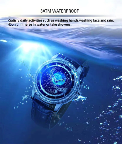 FORSINING Luxury Mens Automatic Mechanical Watch,Earth Star Moon Starry Milky Way Rhinestone Dial Leather Strap,3ATM Waterproof