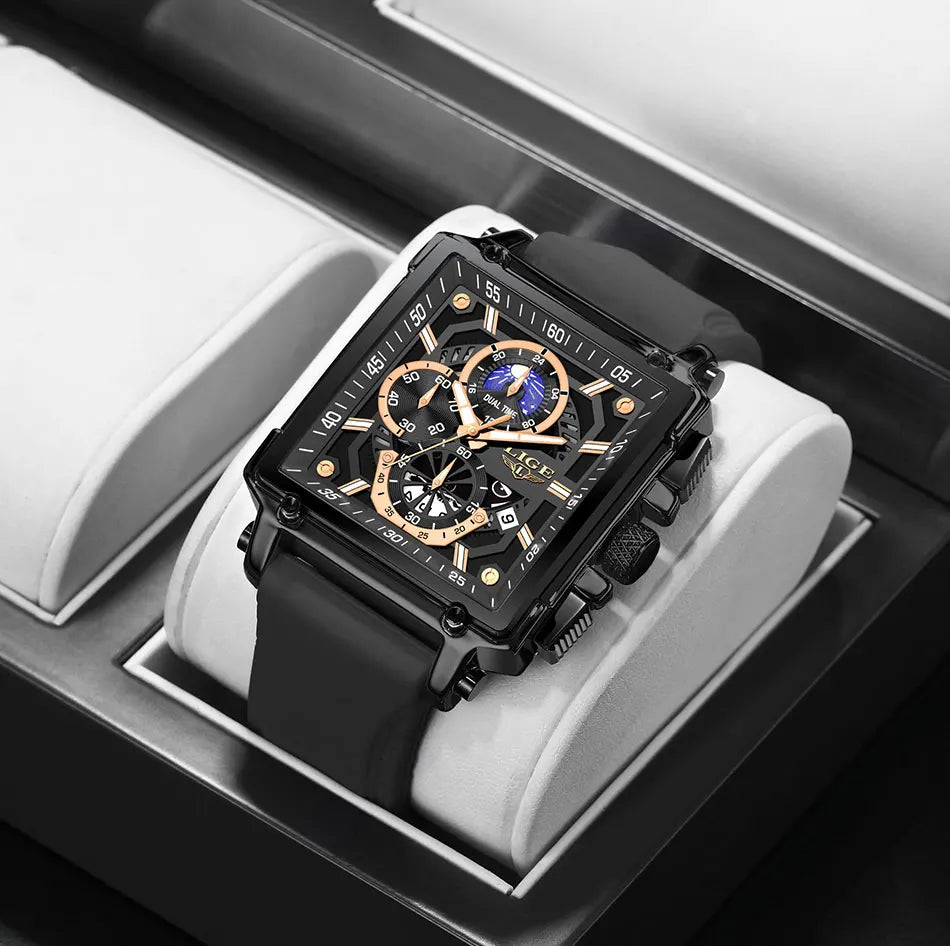 New LIGE Mens Watches Top Brand Luxury Hollow Square Sport Watch For Men Fashion Silicone Strap Waterproof Quartz WristWatch+Box