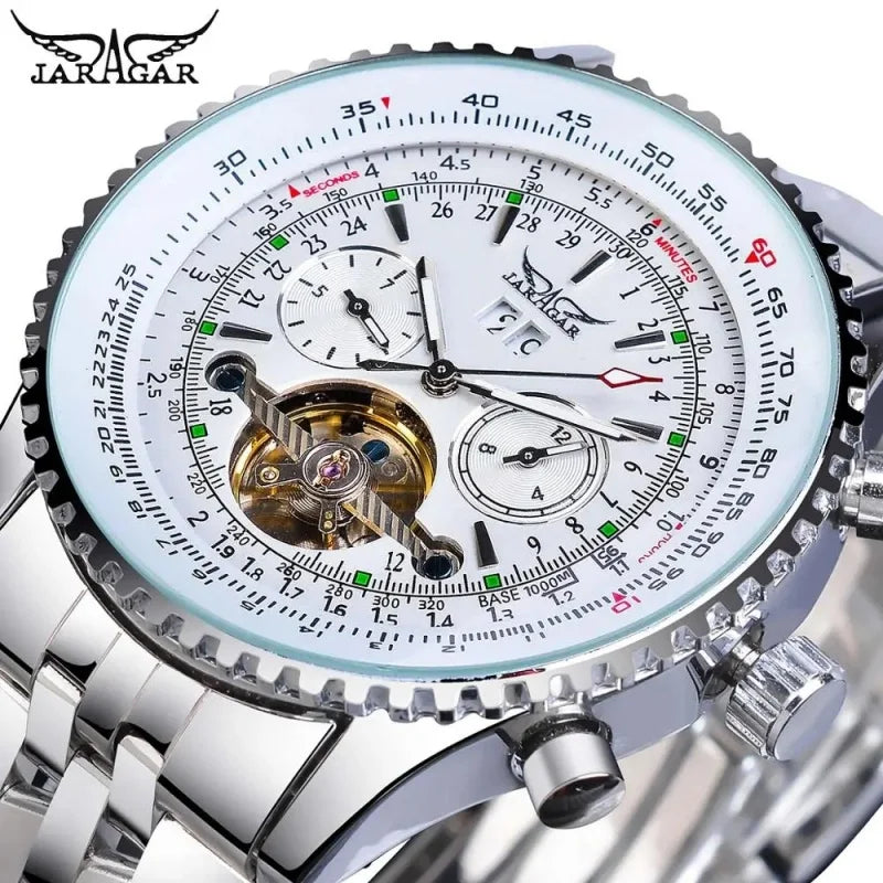 JARAGAR 034 luxus retro automata mechanikus karóra, tourbillon, üreges szkeleton, rozsdamentes acél, heti naptár, férfi karóra