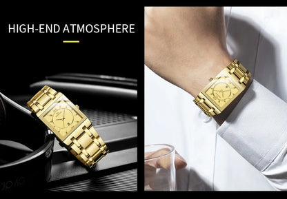 Men Business Watch Simple Design Luxury Fashion Rectangular Black Gold Stainless Steel Calendar Waterproof Quartz Men's Watches