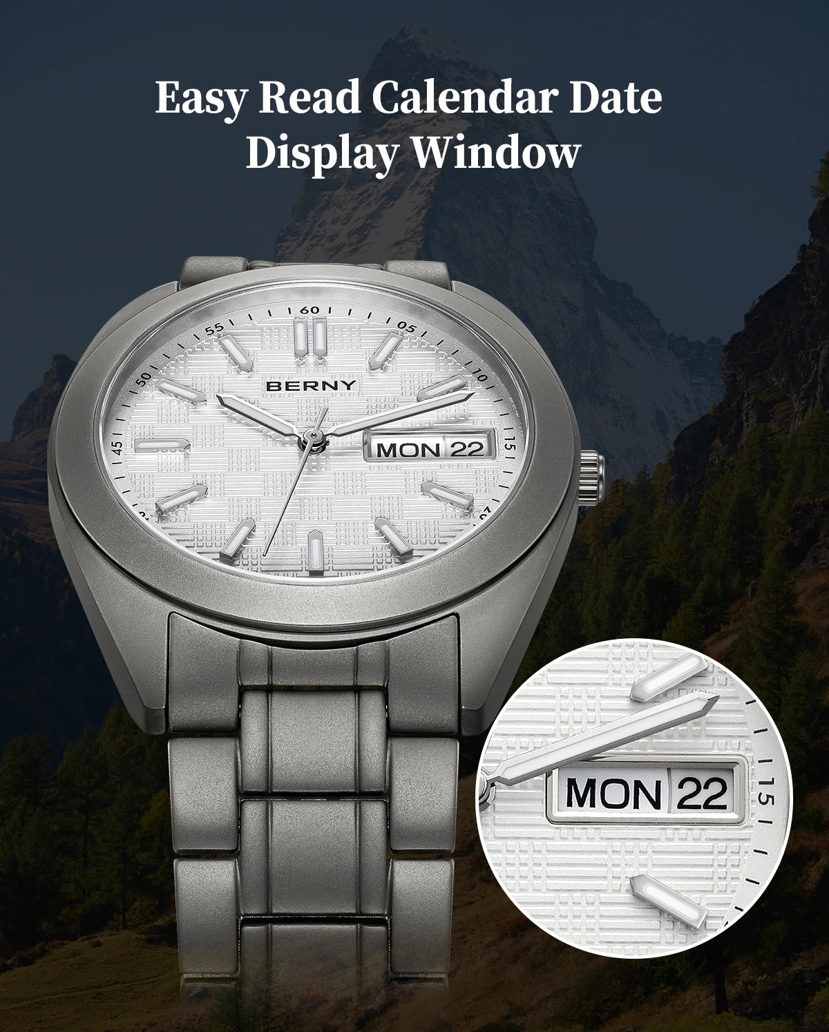 BERNY Full Titanium Men Watch Date Week Quartz Watches Calendar Sapphire Super Luminous 100M Waterproof Lightweight Wristwatch