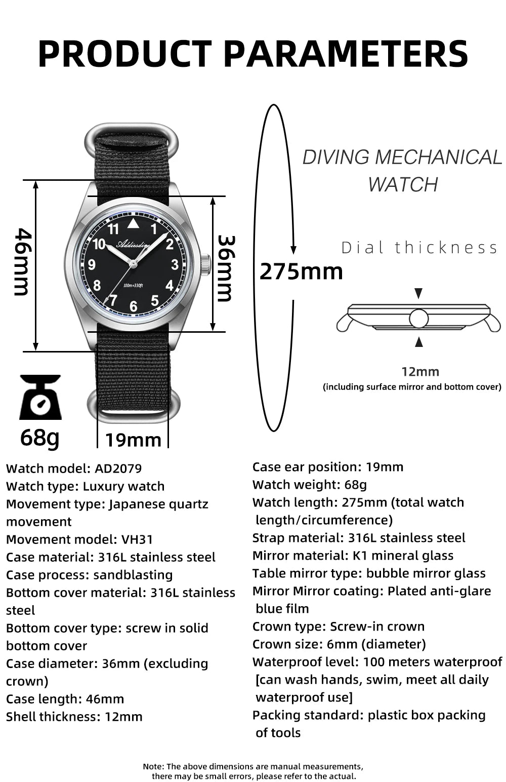 ADDIESDIVE Luxury Quartz Watch For Men New 36mm AR Coated Bubble Glass AD2079 Luminous 100m Waterproof Stainless Steel Men Gift