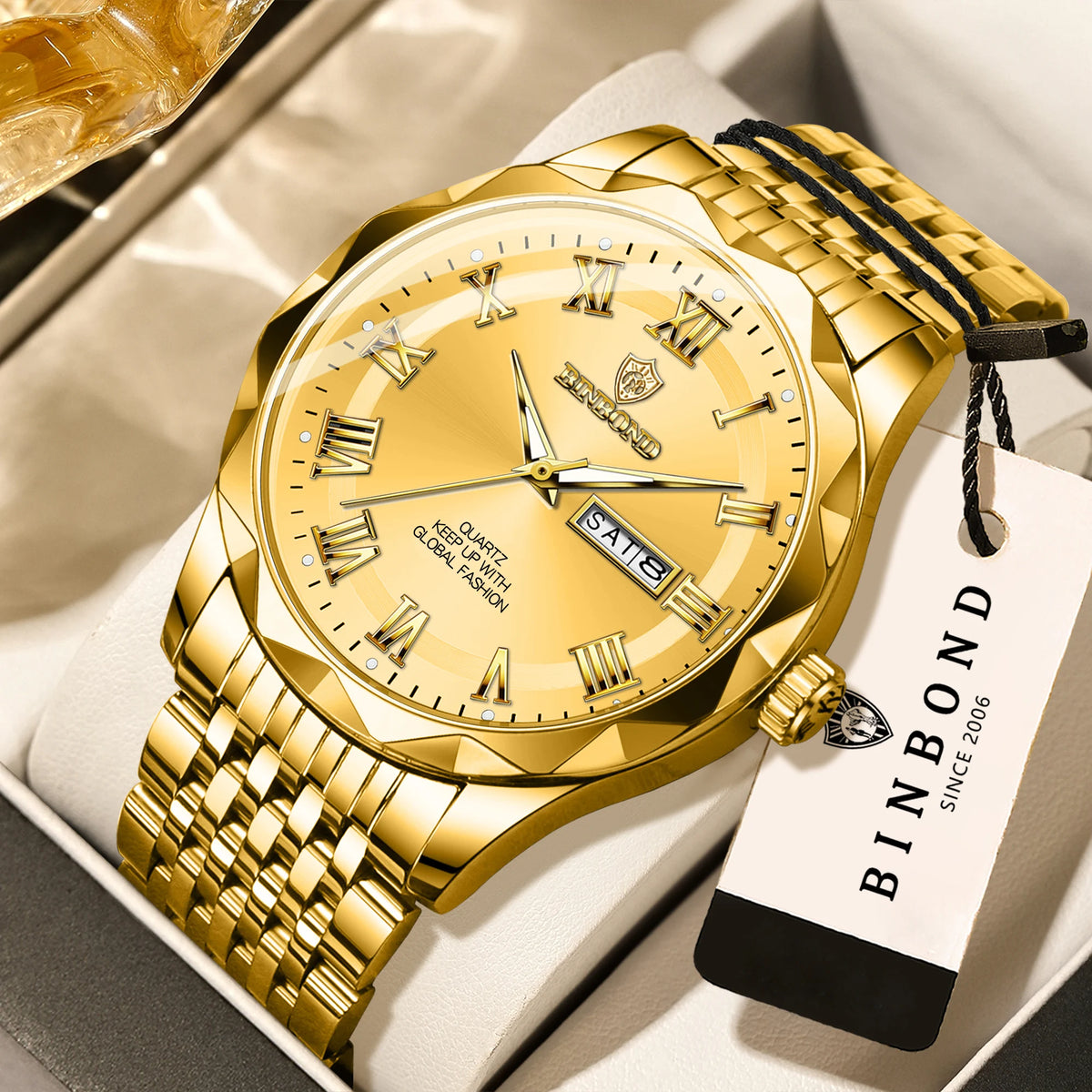 Reloj de pulsera de lujo de cuarzo BINBOND Original Brand para hombre, luminiscente, resistente al agua, con fecha automática, indicación del día de la semana y estilo informal.