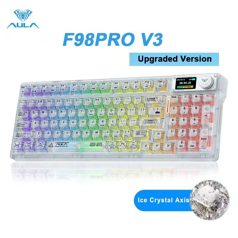 AULA F98Pro V3 Mechanical Keyboard W/ Rotate Button RGB Backlight Screen Tri-Modes Game E-sports Special Carved 95 Keycaps