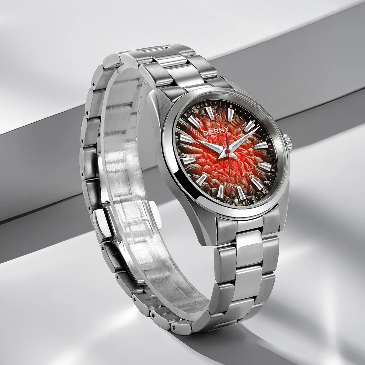 BERNY Men's Watch 10ATM Sapphire Luminous Fashion Quart Watches Full Stainless Steel Classic Dress Business Wristwatch