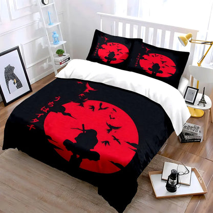 Japanese Ninja silhouette under the red moon Pattern Duvet Cover Set Digital Print Colorful Polyester Bedding with Zipper Closur