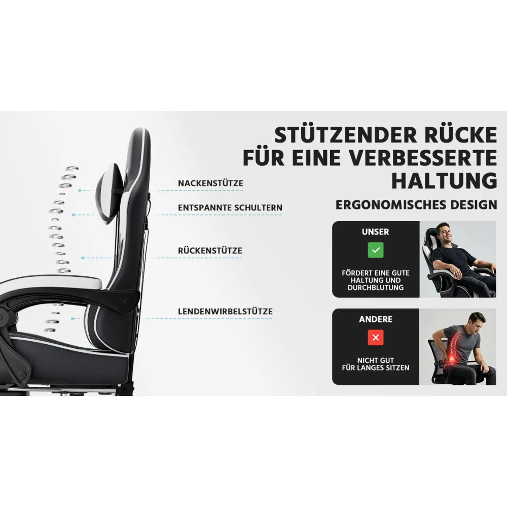 Ergonomic Gaming Chair with Lumbar Support, Adjustable Office Chair, Breathable PU Leather Computer Chair with Footrest & Reclining Backrest