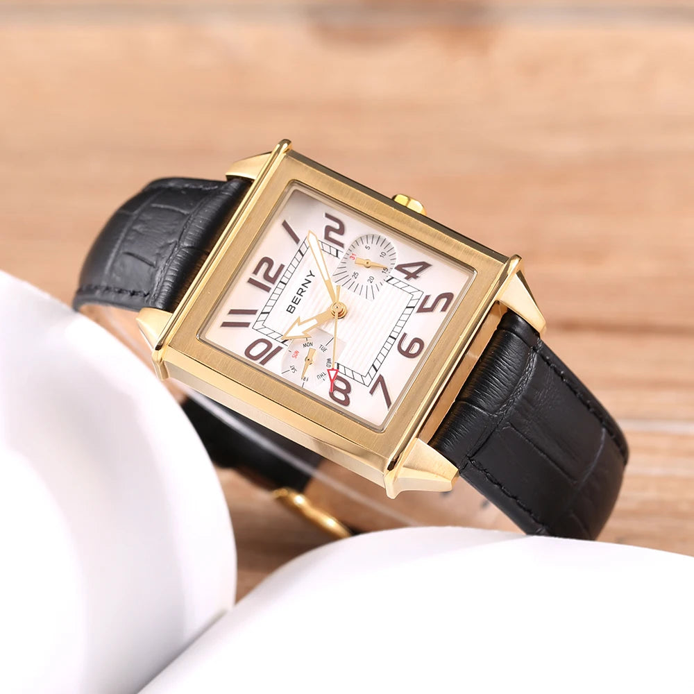 BERNY 6P25 Quartz Watch for Men Golden New Square Wristwatch Vintage Day Top Leather 3ATM Waterproof Luxury Watch Male