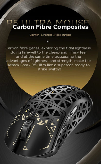 ATTACK SHARK R5 Ultra bežični gaming miš od karbonskih vlakana, gaming senzor PixArt PAW3950MAX, 42000DPI, 8000Hz, MCU Nordic 52840