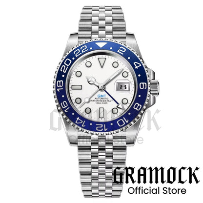 Gramock White Dial Blue GMT 40MM Watch For Men Roating Bezel Sapphire Glass Waterproof Reloj Hombre NH34A Mechanical Wristwatch