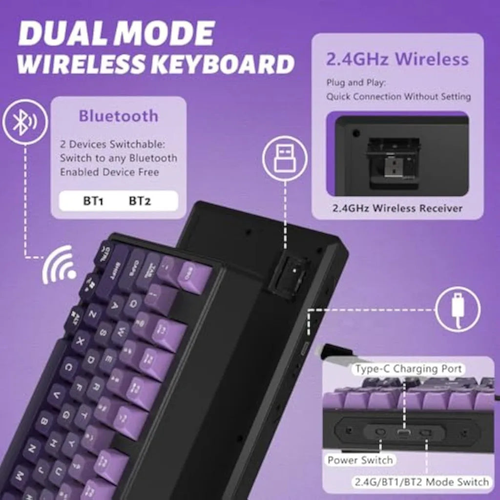 Teclado Gaming Sem Fios Free Wolf M87 75% - Switches Silenciosos, Retroiluminação Rainbow, BT/2.4G, Teclas PBT em Degradé, Design Compacto