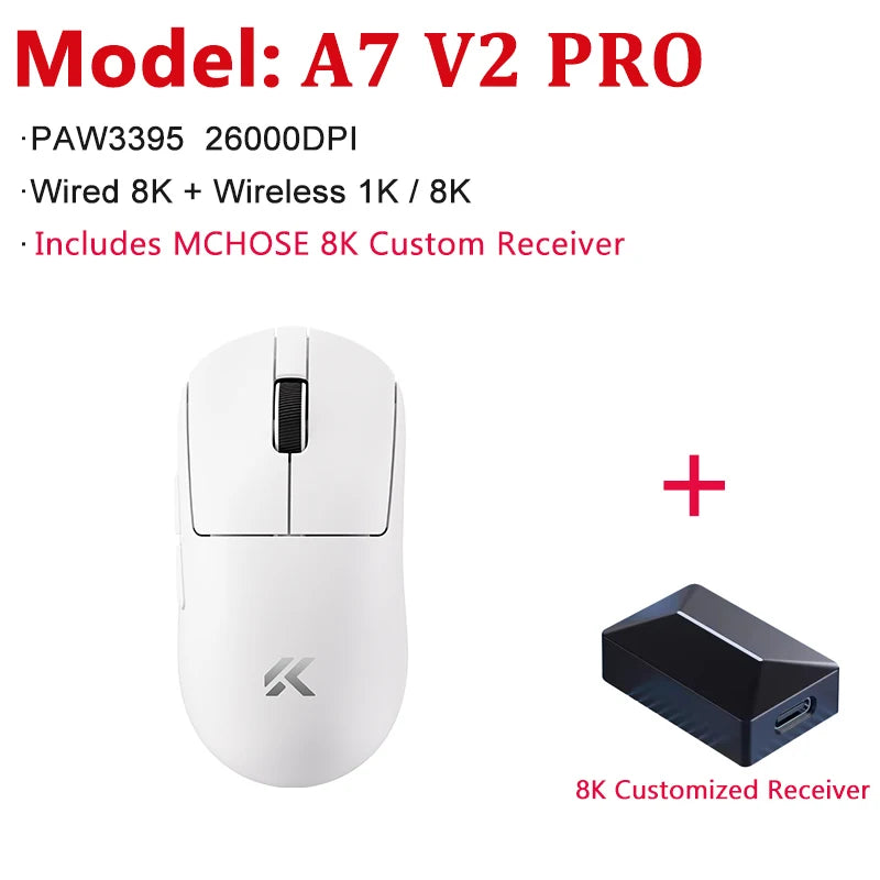 MCHOSE A7 V2 Ultra / Pro könnyű vezeték nélküli gamer egér, dupla 8000Hz, PAW3950 TI, 42000DPI – PC-s e-sport játékosoknak