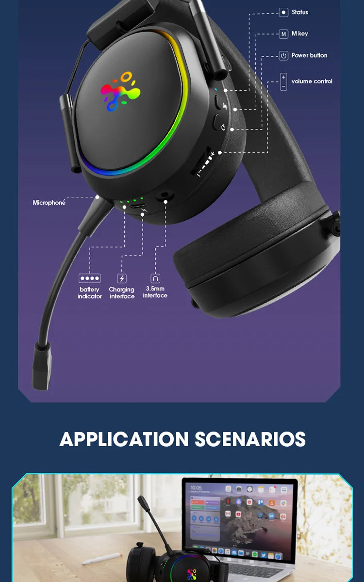 Auricular Gaming Sem Fios LDON PS5 PS4 Bluetooth 2.4GHz Som Surround 3D Microfone com Cancelamento de Ruído Baixa Latência