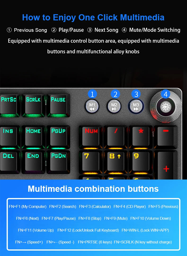 Teclado Mecânico AULA F2088 com Fio para Gaming, Botão Multifuncional, 104 Teclas, Retroiluminação Magic, Programação Macro, Compu