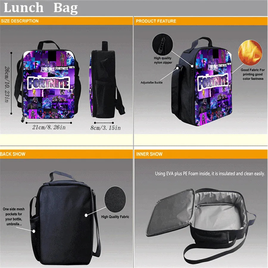 Fortnite Cartoon 3pcs Backpack Set for Boys Girls Unisex Including School Bag Lunch Bag Pencil Case Suitable for ages 5-8