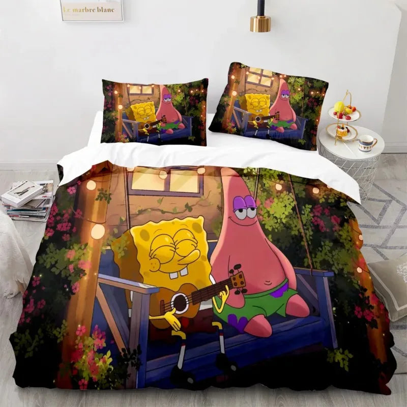 Cartoon Anime SpongeBobed Bedding Set 3D Printed Patricks Squidwards Quilt Duvet Cover Pillowcase Bed Set Full Queen King Size