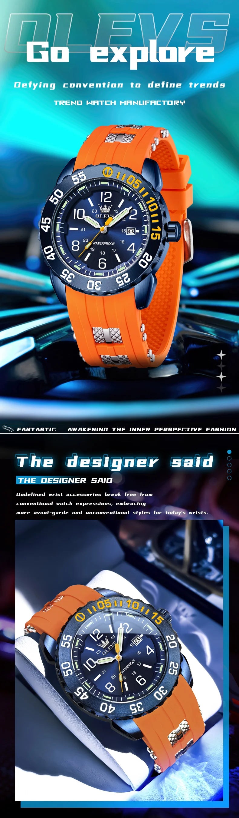 OLEVS Luxury Men's Fashion Quartz Watch Waterproof Luminous Orange Silicone Strap Sports Men Military Wristwatches Watch for Men