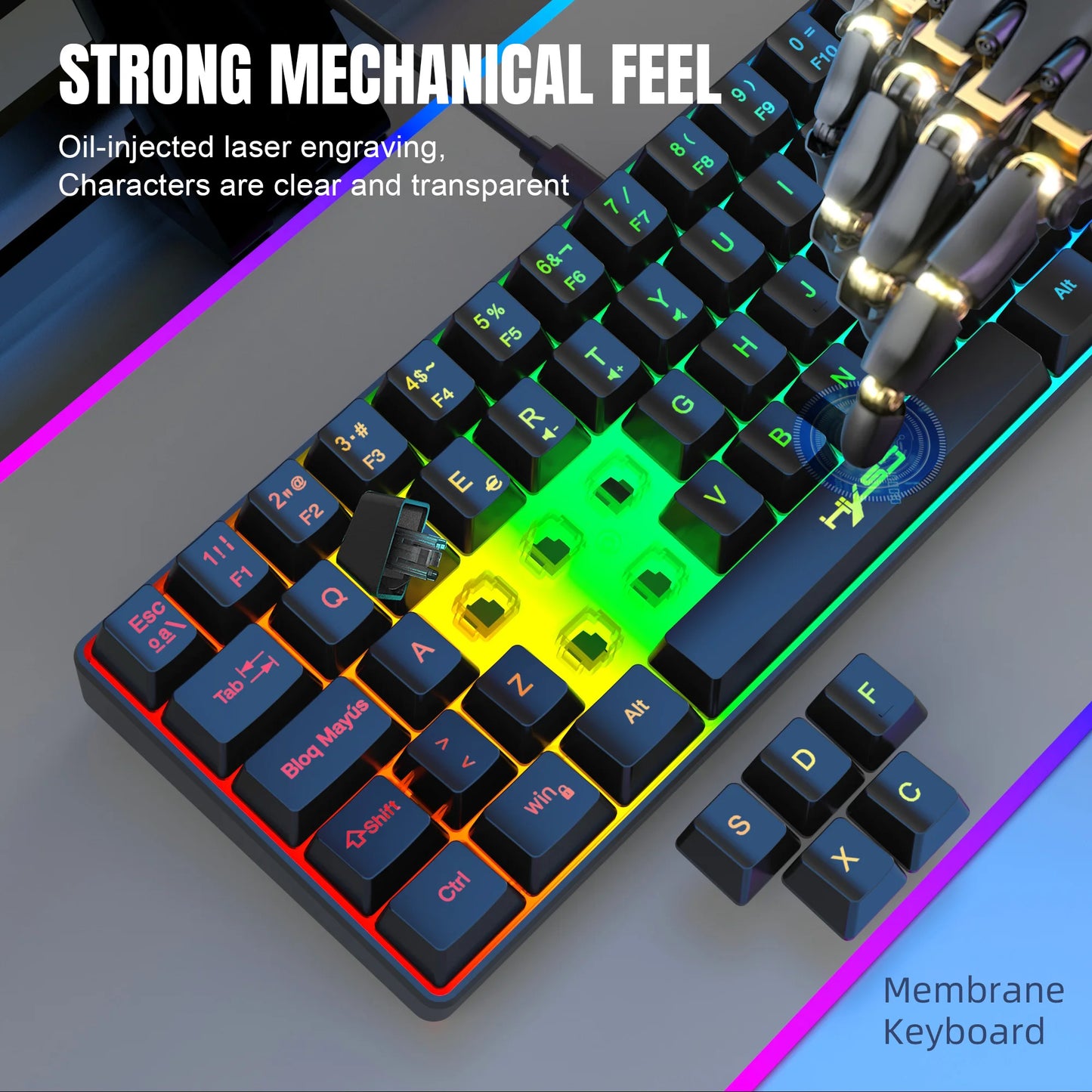 Promoção imperdível! Teclado gaming com fios espanhol de 69 teclas, retroiluminação RGB e design compacto 68%, um acessório indispensável para profissionais de escritório e gamers