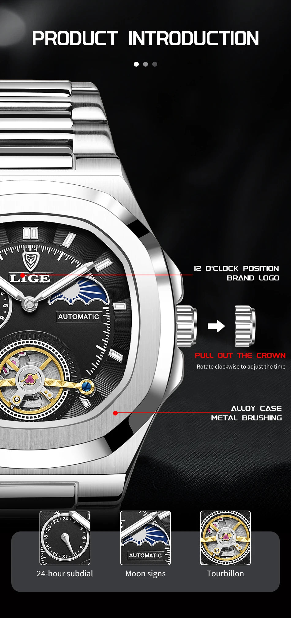 LIGE Watch For Man Luxury Business Waterproof Luminous Mechanical Watches Fashion Moon Phase Automatic Movement Men's Watches