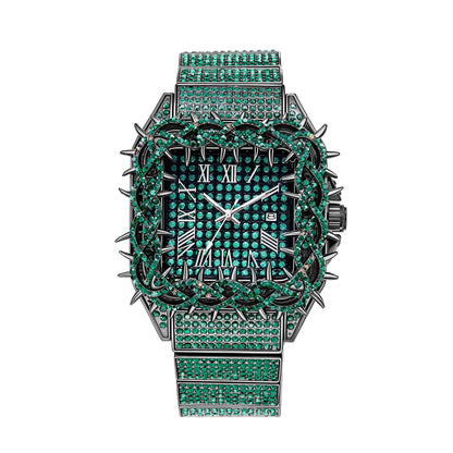 Shine Luxury Hip-Hop Diamond Watch with Emeralds for Men Replica Czech Stone Inlaid Waterproof Gold Watch שעוני יוקרה