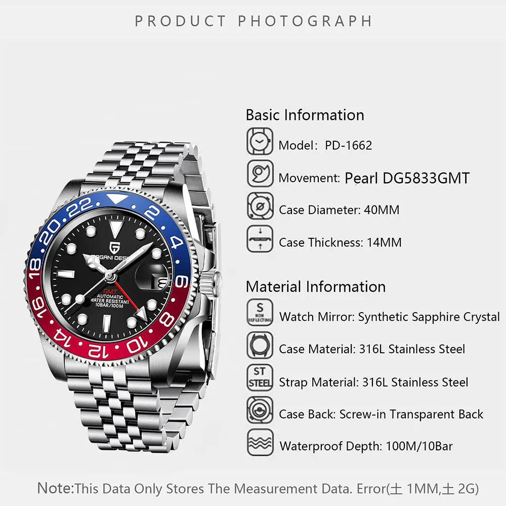 Man Watch PAGANI DESIGN GMT Men Mechanical WristWatch Luxury Sapphire Glass Waterproof 40mm Automatic Watch for Men Reloj Hombre